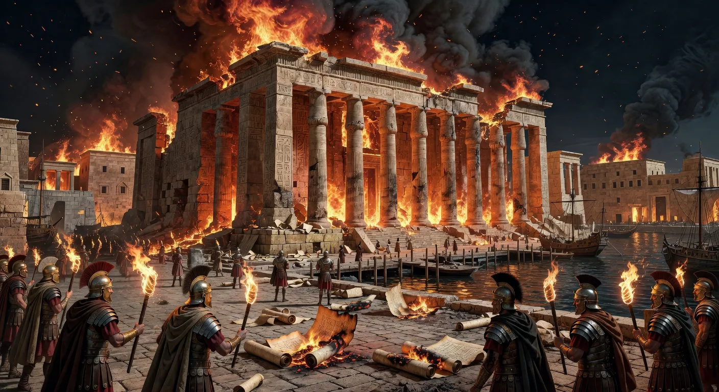 The Great Library of Alexandria burning — Roman soldiers destroy ancient knowledge