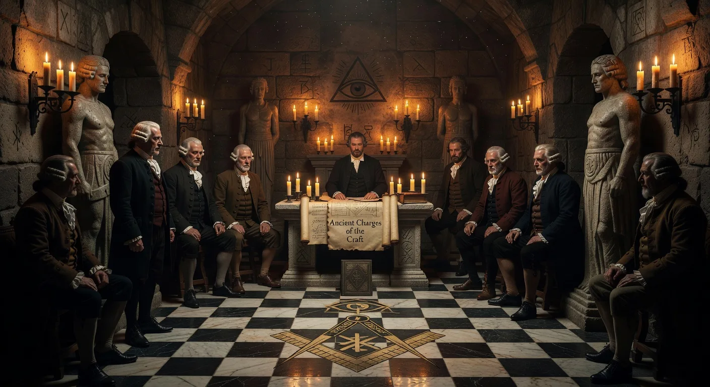 Secret Masonic lodge meeting with ancient symbols