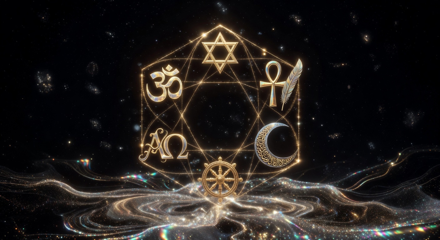 Six sacred symbols from six traditions arranged in a hexagonal mandala in deep cosmic space — Om, Star of David, ankh, crescent, dharma wheel, alpha and omega, all connected by golden light