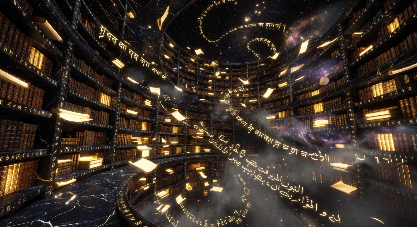 An impossible infinite celestial library with glowing golden tomes spiraling into starry void, ancient scripts materializing in the air