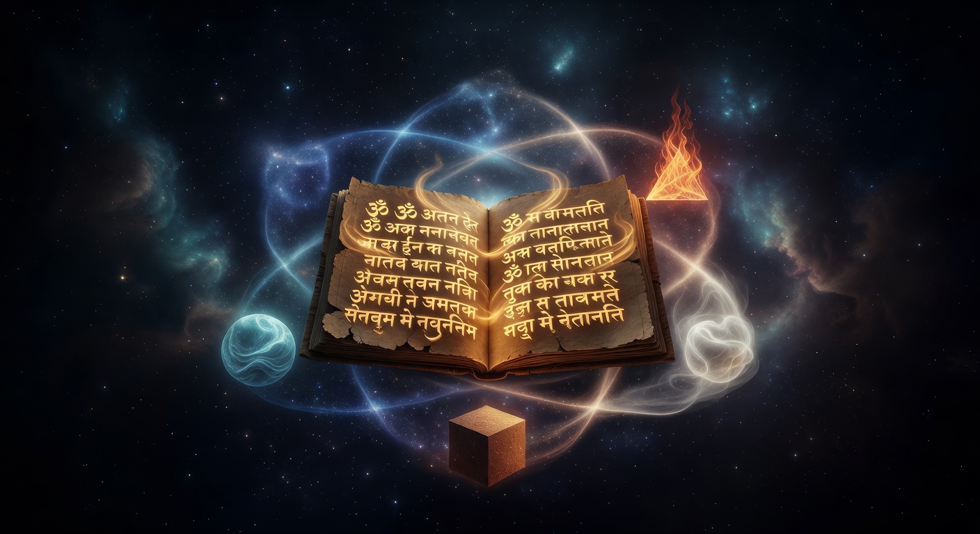 Ancient Vedic palm-leaf manuscript with glowing Sanskrit rising from its pages in deep cosmic space, surrounded by the five great elements as sacred geometry