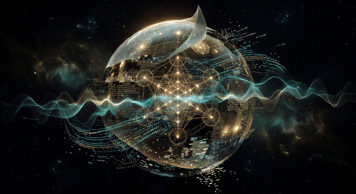 A holographic sphere of reality peeling back to reveal a golden lattice of information beneath, sacred geometry interwoven with quantum wave patterns