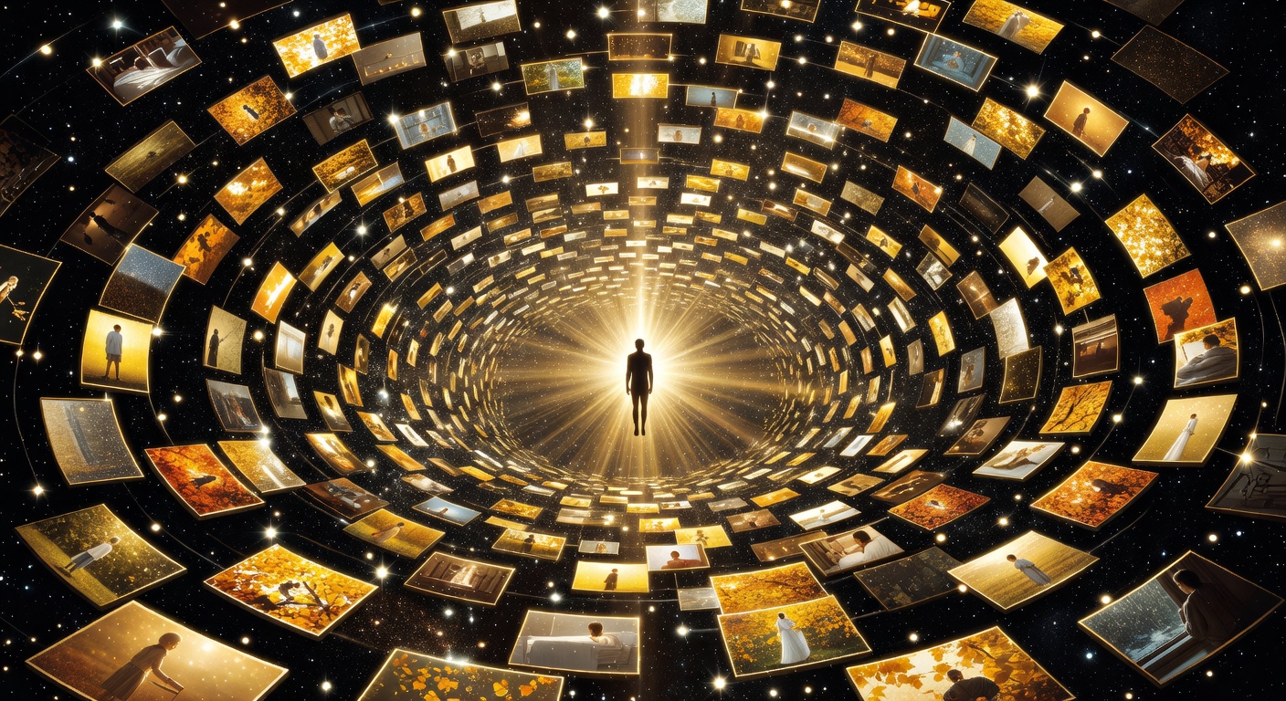 A solitary human silhouette at the center of a vast spiral of luminous memory fragments, each fragment a glowing scene from a life, cosmic tunnel of stars