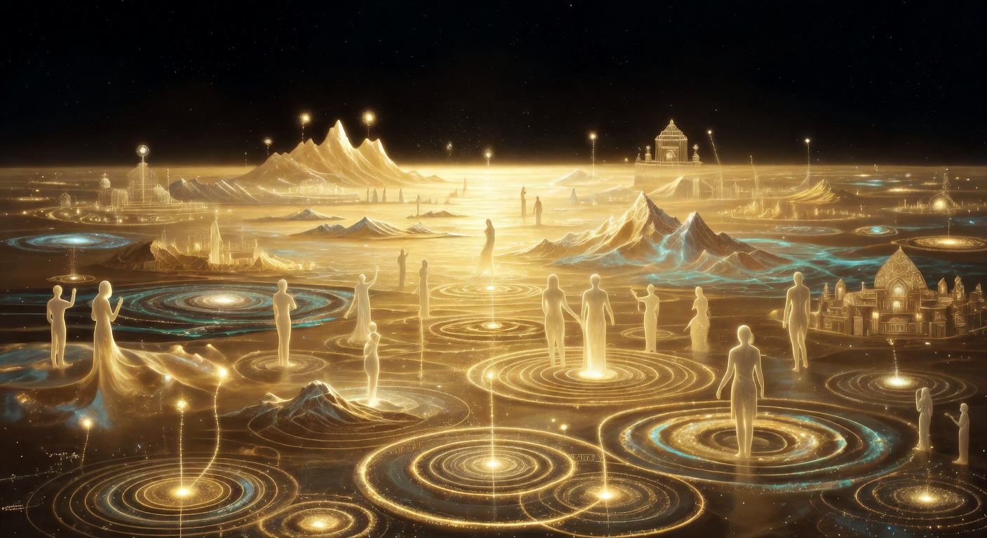A vast luminous field of golden awareness with the visible material world emerging like a holographic projection