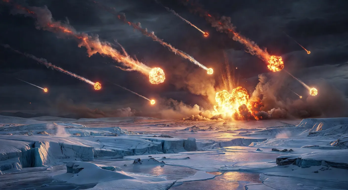 Artist's impression of the proposed Younger Dryas impact event 12,800 years ago — a cometary fragment entering the atmosphere over an ice-age landscape