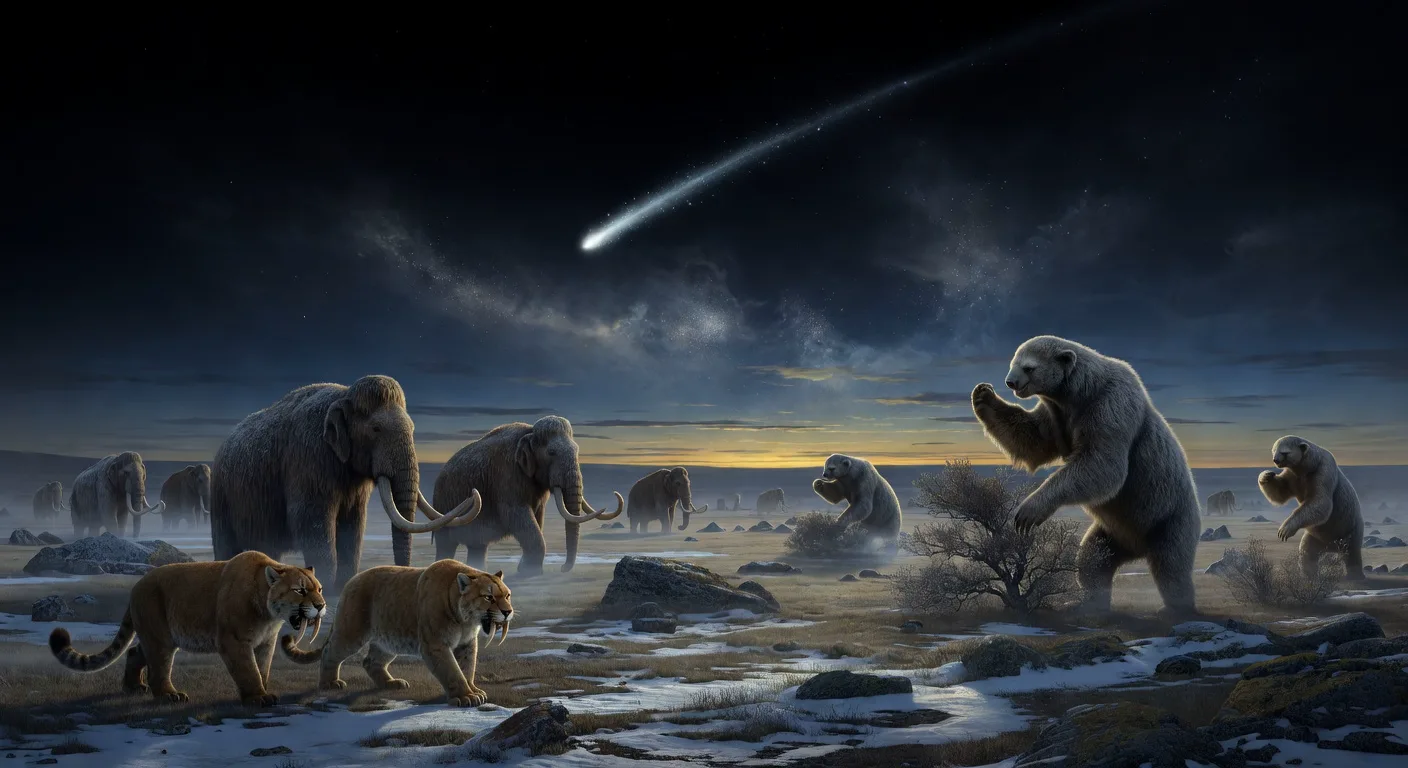 Ice Age megafauna — mammoths, saber-toothed cats, and giant ground sloths in twilight with cosmic dust and comet trail