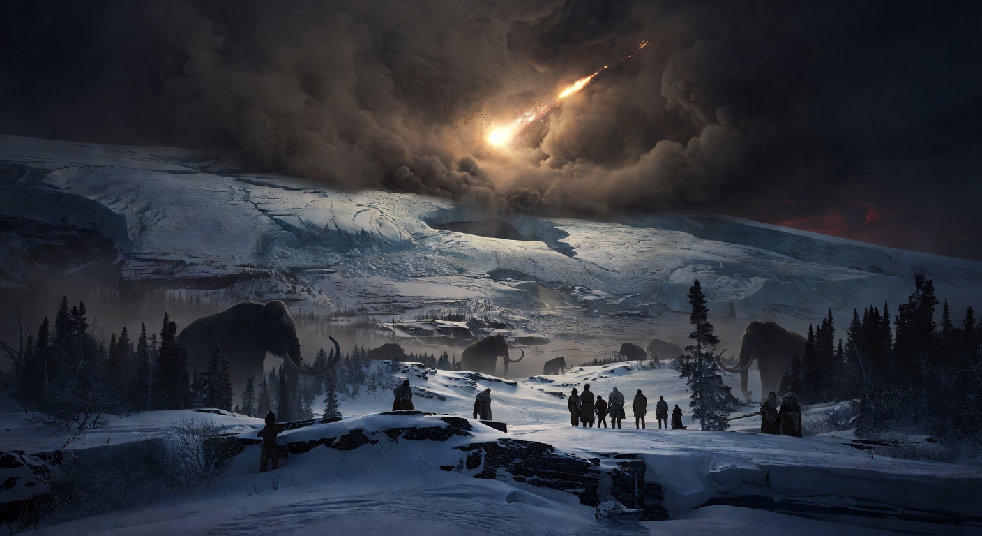 Earth 12,900 years ago during the Younger Dryas — returning glaciers, darkened sky from atmospheric dust, a fireball crossing the North American sky, mammoths in cooling twilight