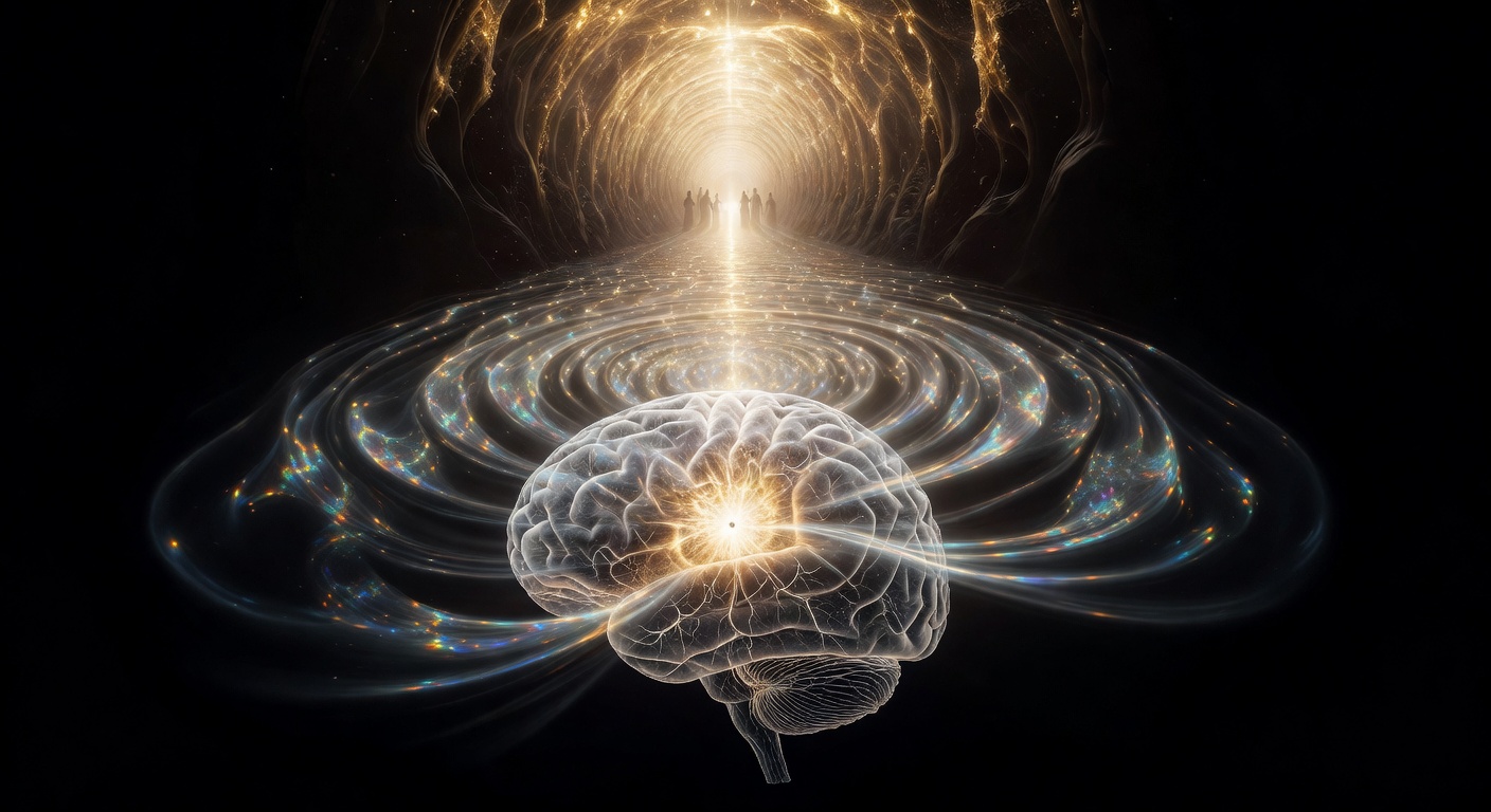 A human brain in cross-section with the pineal gland erupting in golden-white light at the moment of death, a tunnel of light opening above