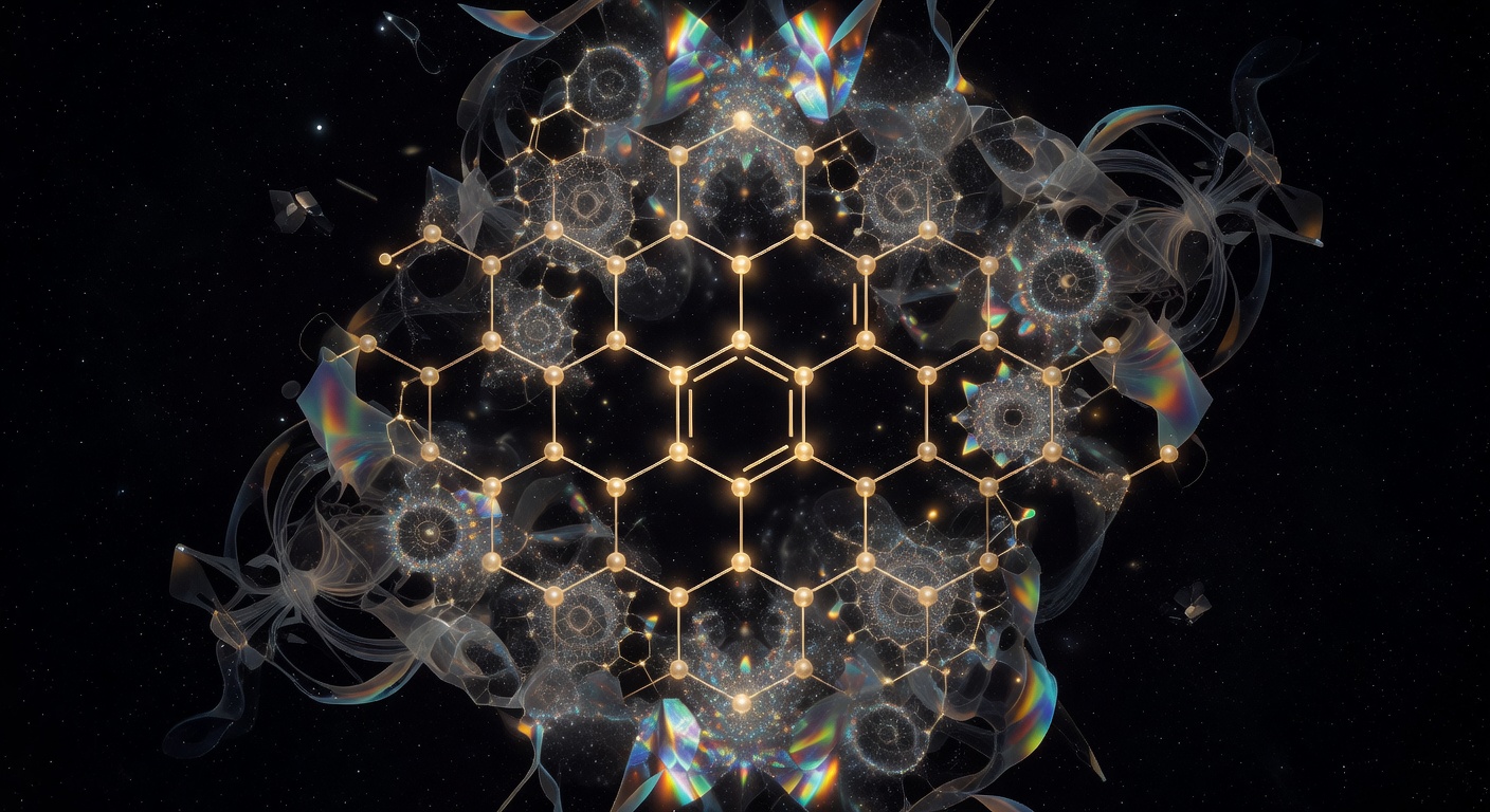 The DMT molecule rendered as a luminous golden wireframe floating in space, surrounded by faint fractal sacred geometry patterns