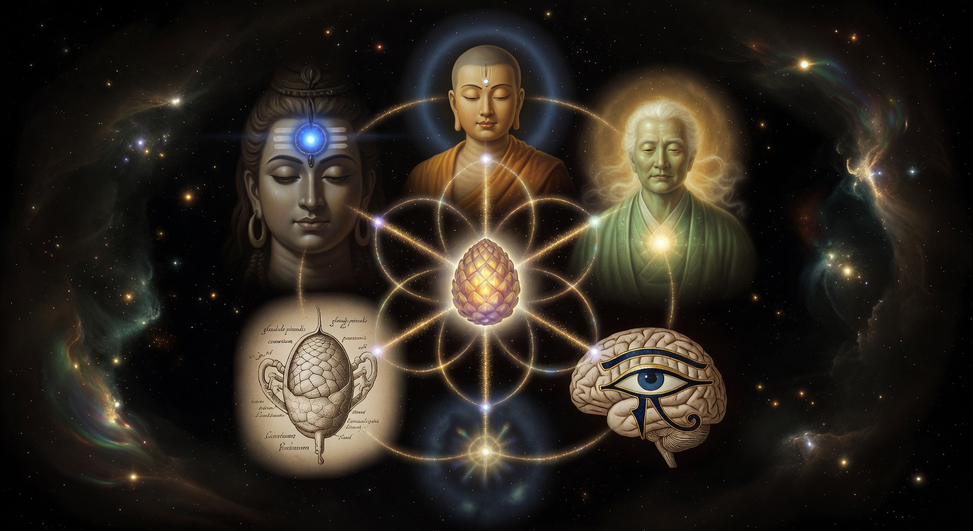A sacred mandala showing the third eye across five traditions — Hindu ajna chakra, Buddhist urna, Taoist upper dantian, Egyptian Eye of Horus, Descartes's anatomical sketch — connected around a central glowing pineal