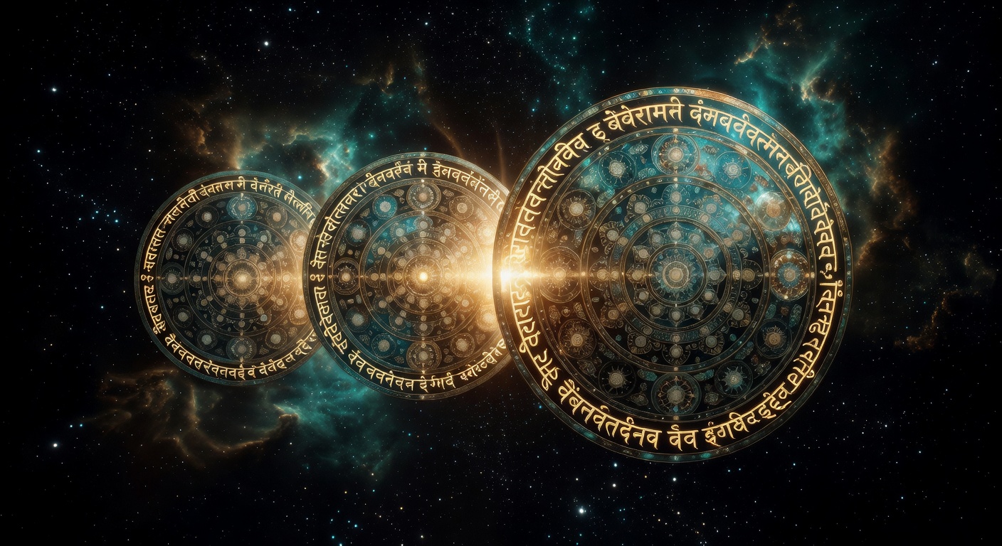 Four nested cosmic wheels inscribed with Sanskrit numerals rotating at different speeds in deep space, golden light radiating from the central axis
