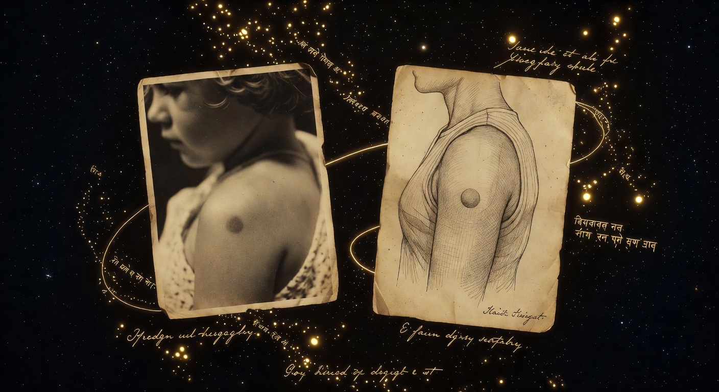 A scholarly research-file composition showing a documentary photograph of a child's birthmark next to an anatomical sketch from a vintage case file, connected by a luminous golden line