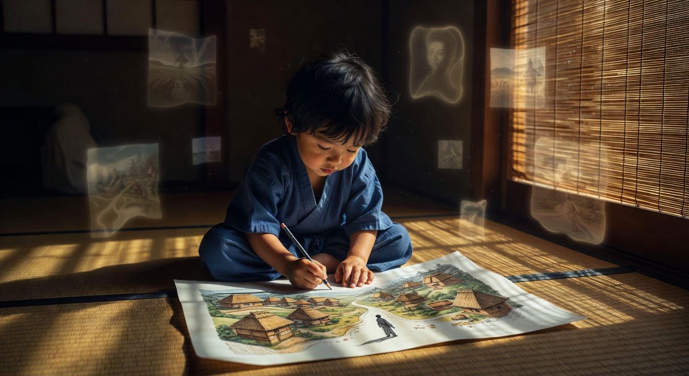 A small child drawing on the floor of an Asian home in golden afternoon light, faint translucent images of an unfamiliar previous life floating in the air around them