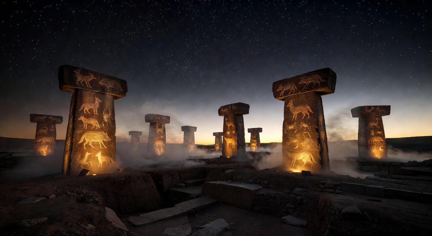A misty archaeological site at dawn with Göbekli Tepe T-pillars emerging from earth, carved animal reliefs glowing faintly with golden light