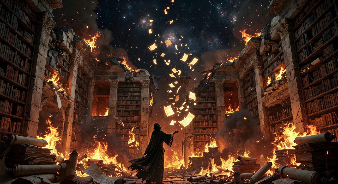 The Library of Alexandria burning — scrolls consumed by flames while some escape upward into the cosmic void, preserved memory meets suppression