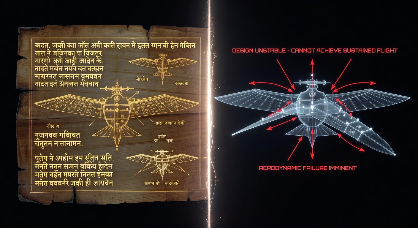 Split composition: ancient Sanskrit vimana diagram on left, modern engineering analysis with force vectors and warning annotations on right