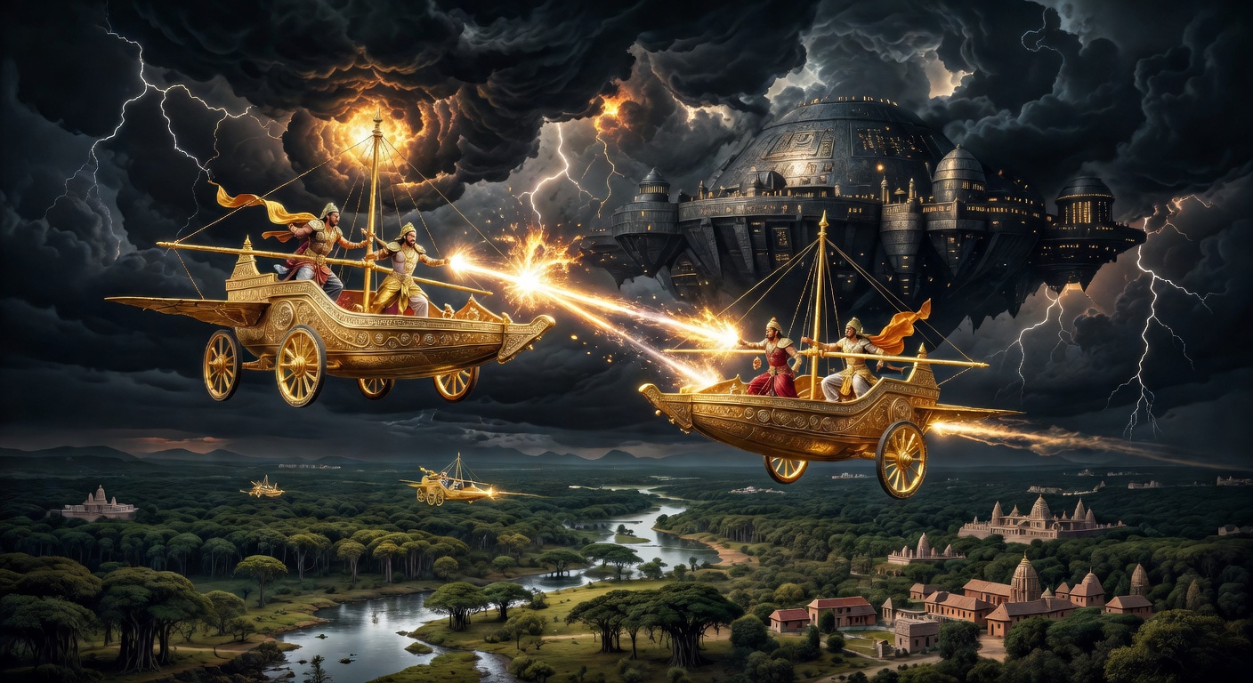 Epic aerial battle between golden vimanas in a stormy sky above ancient India, the flying city of Saubha visible in the background