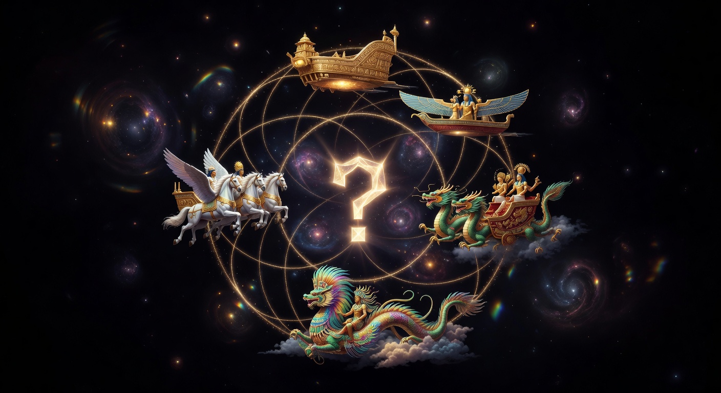 A cosmic mandala of flying vehicles from five ancient traditions — Indian vimana, Egyptian solar barque, Chinese celestial chariot, Greek chariot of Helios, Mesoamerican feathered serpent