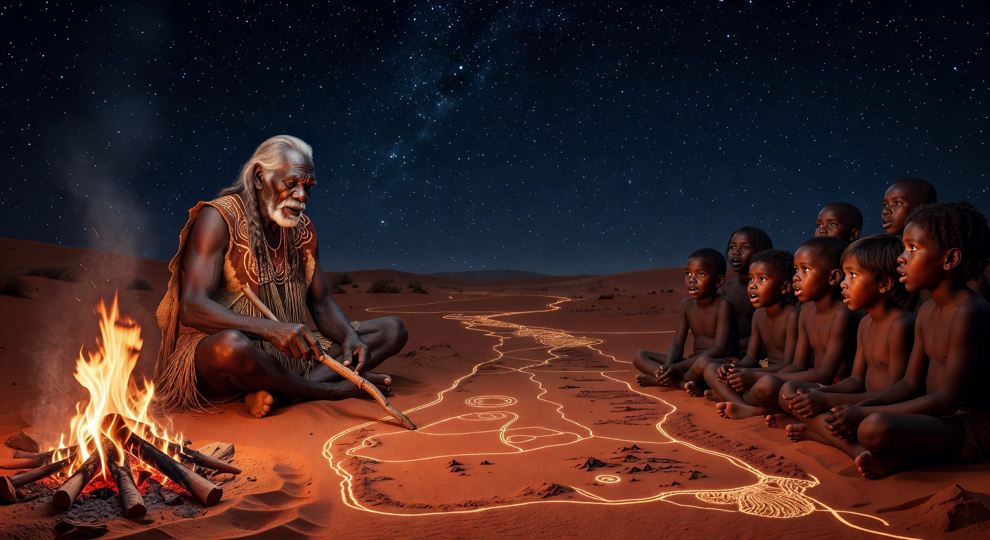 Aboriginal elder drawing a submerged coastline in sand by firelight, children listening, starfield above