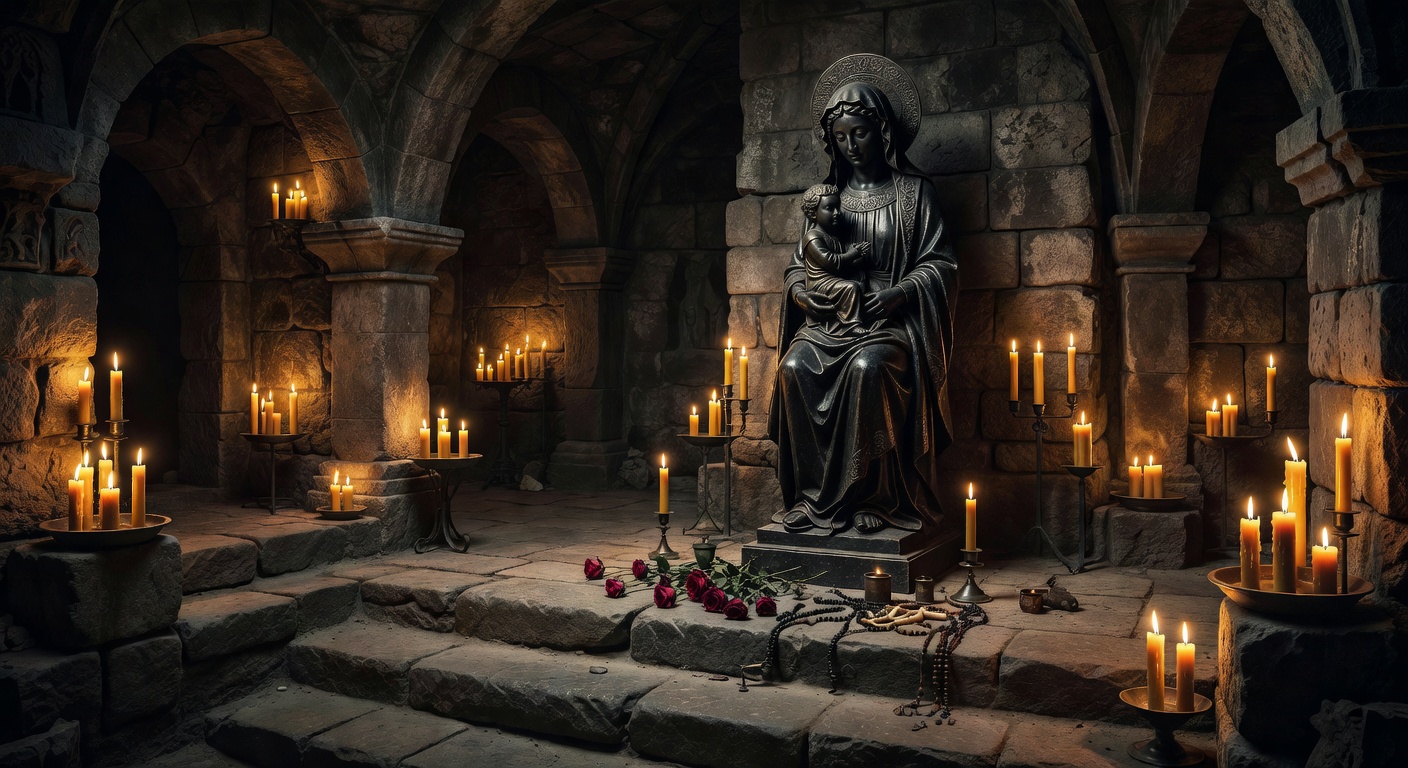 A Black Madonna statue in a candlelit medieval European crypt with rose offerings and pilgrimage artifacts