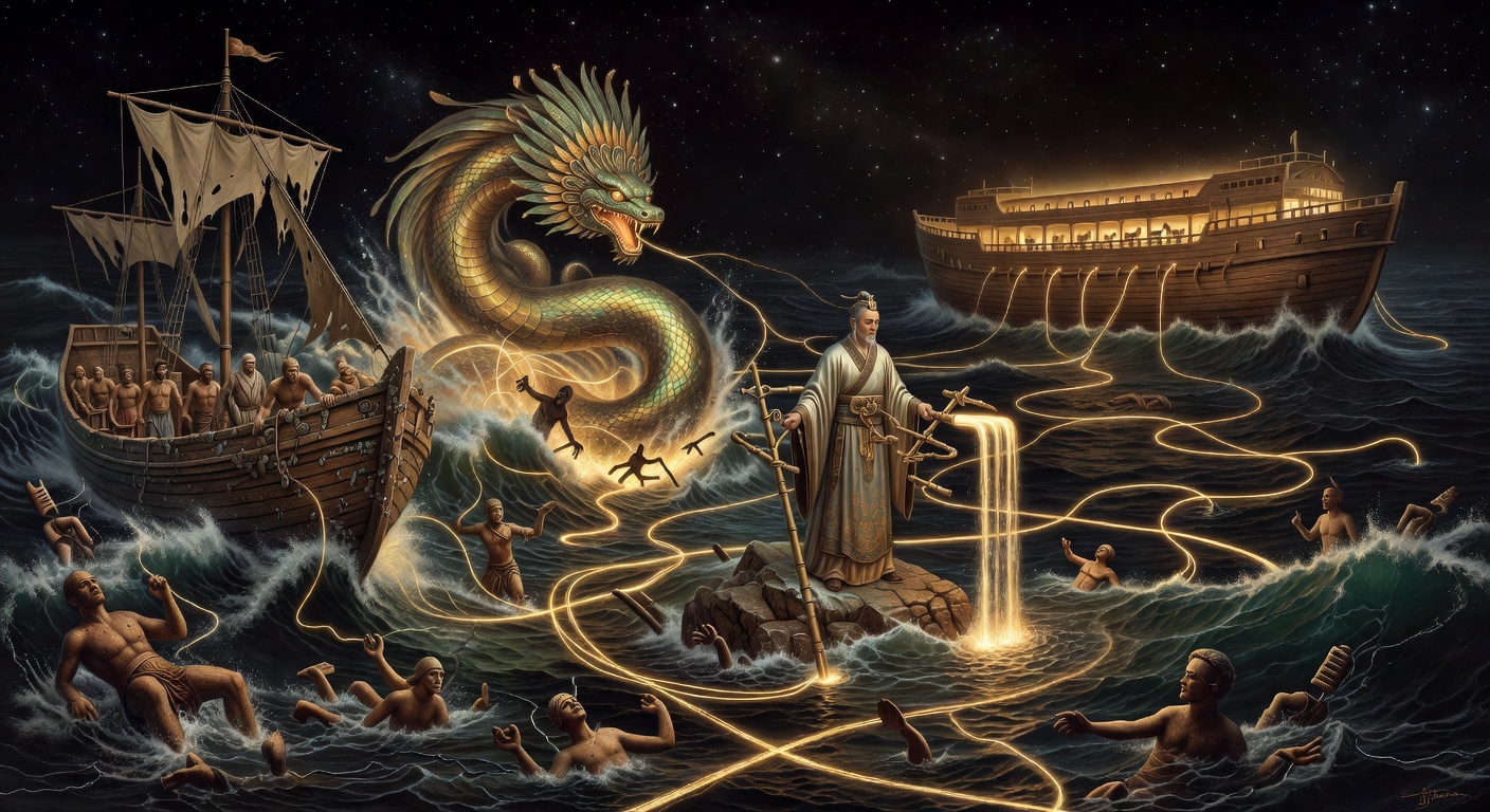 Cross-cultural flood montage — Deucalion's Greek boat, Maya flood serpent, Chinese waters, Popol Vuh, Noah's ark connected by golden threads