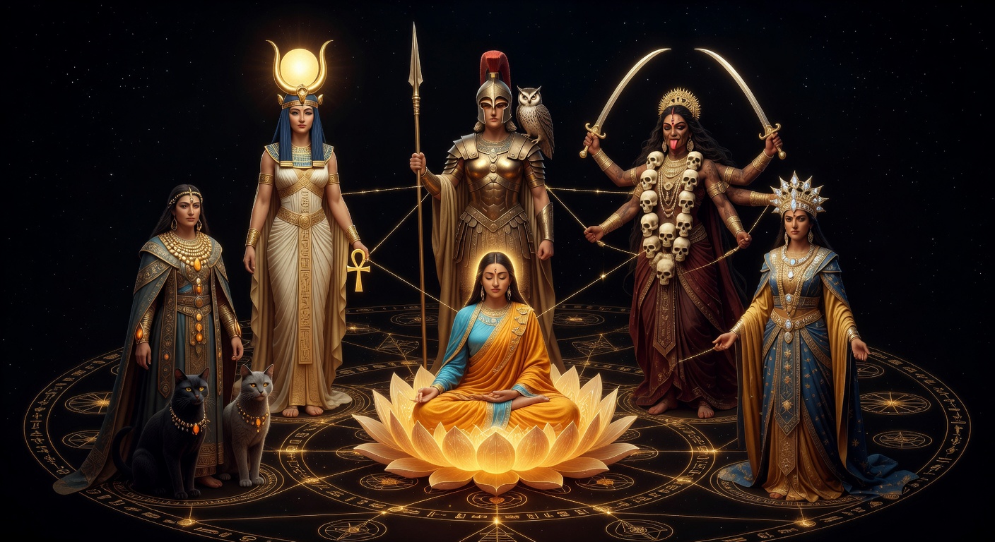 Sacred circle of ancient goddesses — Isis, Athena, Kali, Tara, Inanna, Freya — connected by sacred geometry