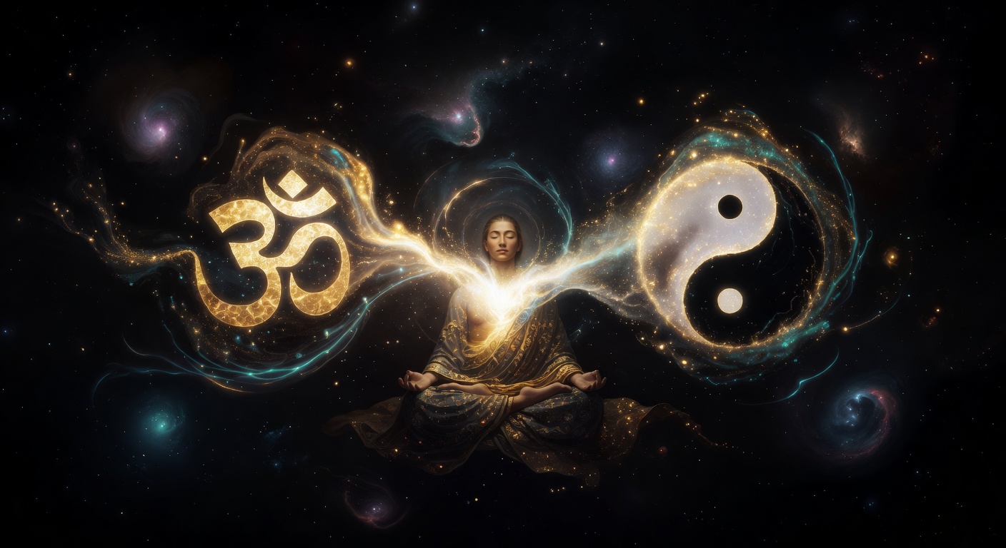 A meditative figure between a Sanskrit Om and a Chinese taijitu, both dissolving into pure radiant light