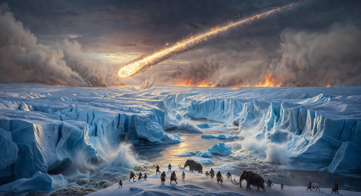 North America 12,900 years ago at the Younger Dryas onset — cometary fireball over glacial landscape, meltwater surge, fleeing figures