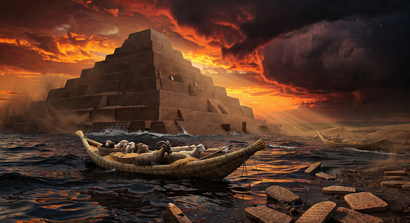 Ancient Mesopotamian ziggurat at sunset with a reed boat on rising flood waters and cuneiform tablets on shore